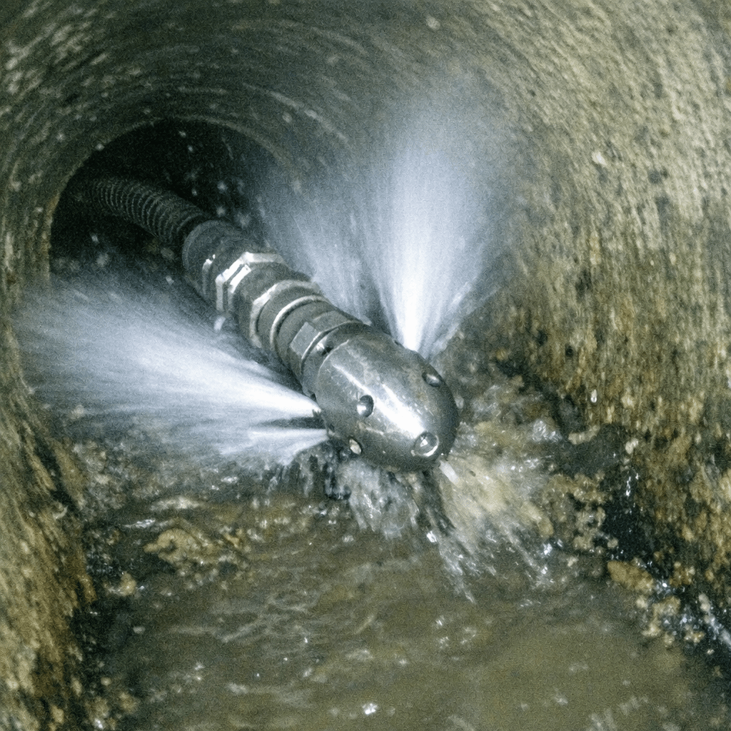 Hochdruckschlauch wird an einem Revisionsschacht für eine Spülung angeschlossen