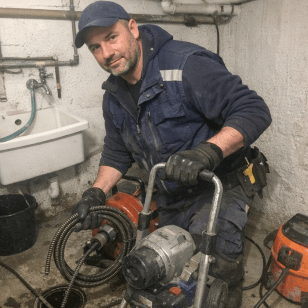 Monteur öffnet einen Bodenablauf im Badezimmer und prüft stehendes Wasser