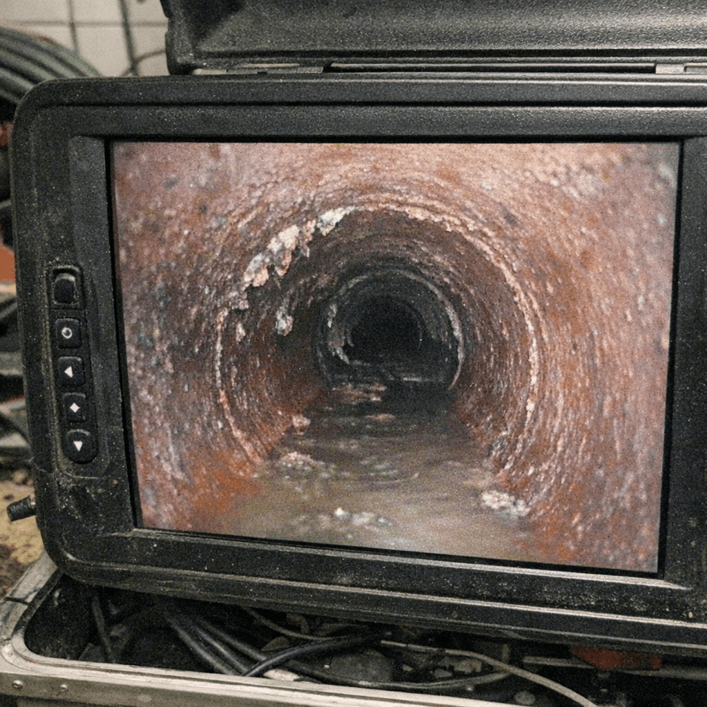 Monitor zeigt das Kamerabild aus einer Hausleitung während der Inspektion