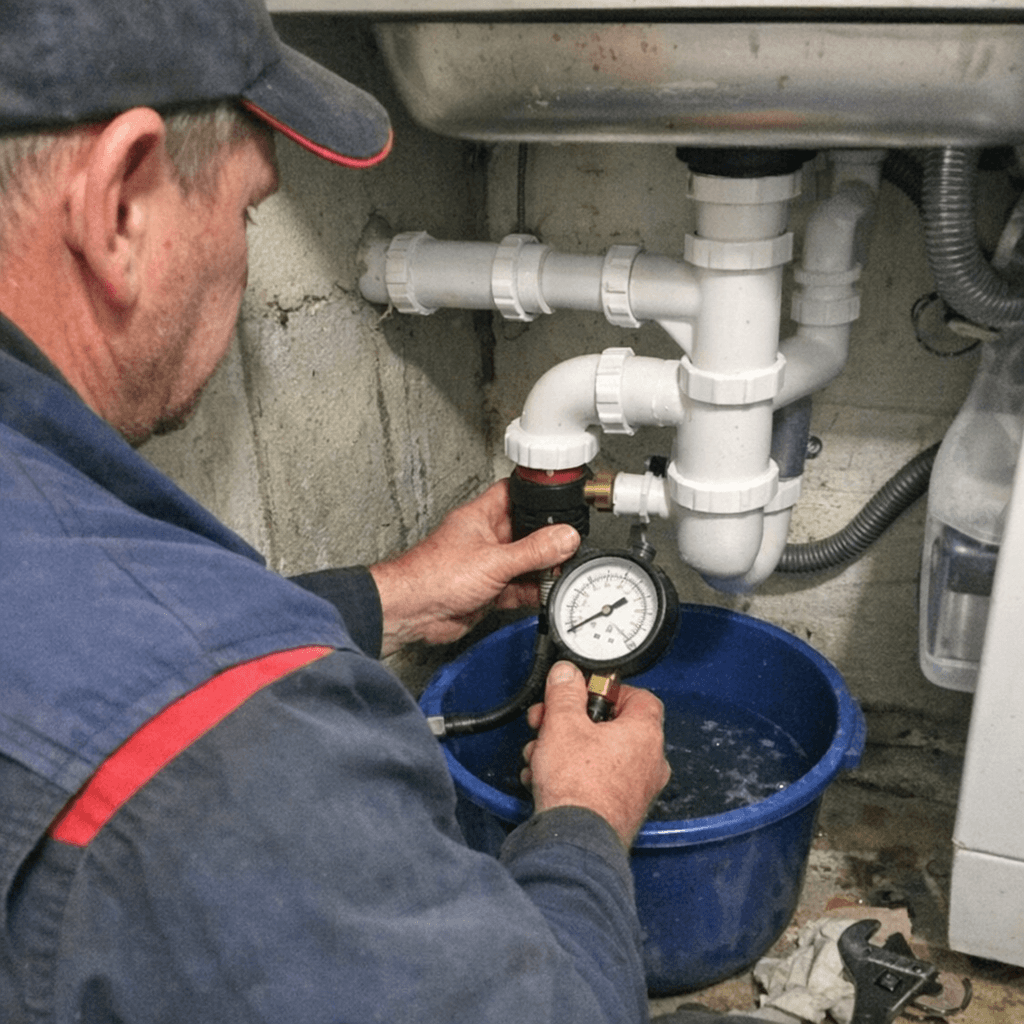 Monteur prüft nach der Arbeit den Wasserlauf an mehreren Abläufen in einem Keller