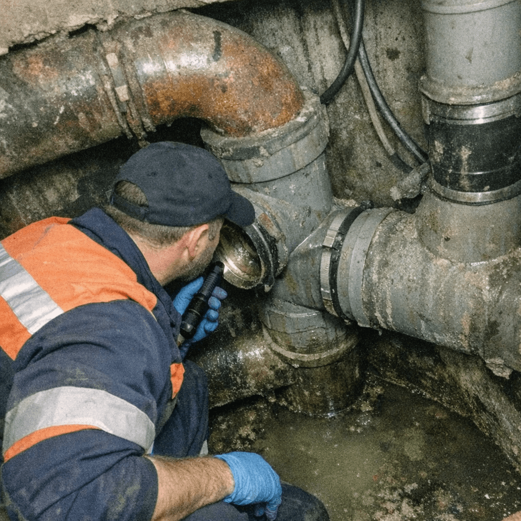 Geöffneter Kontrollschacht mit Blick auf eine verschmutzte Grundleitung