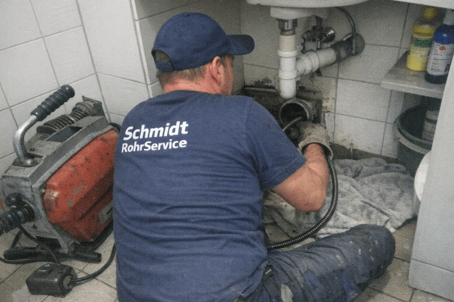 Servicetechniker mit Werkzeugkoffer spricht im Treppenhaus mit einem Hauseigentümer