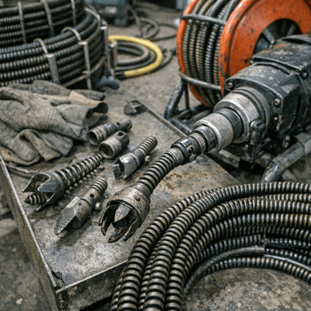 Reinigungsspirale, Handschuhe und Fräskopf liegen neben einem geöffneten Rohrzugang