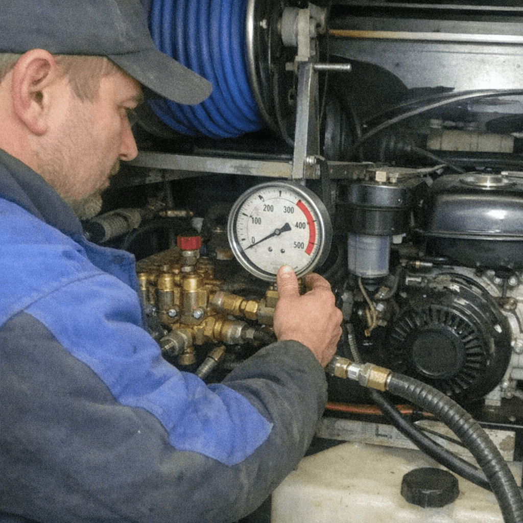 Fachkraft stellt an einem Spülaggregat den Wasserdruck für den Einsatz ein