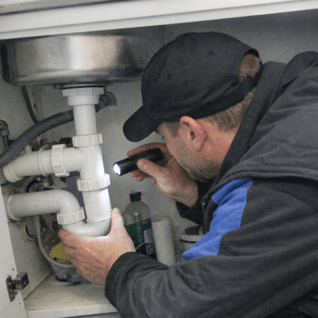 Techniker kontrolliert den Geruchsverschluss unter einem Waschbecken mit Taschenlampe